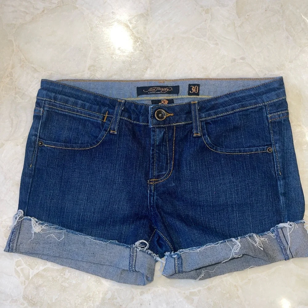 Ed Hardy Skull Heart Embroidered Denim Shorts Size 30 - Picture 13 of 16